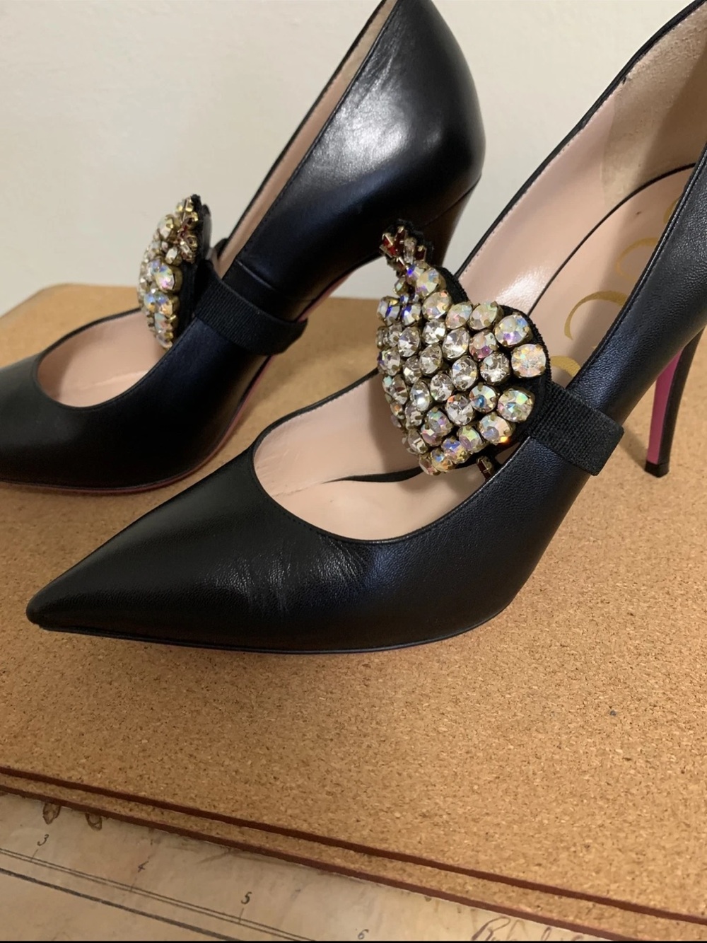 Gucci Black Leather Crystal Heart Mary Jane Pumps - Picture 5 of 13